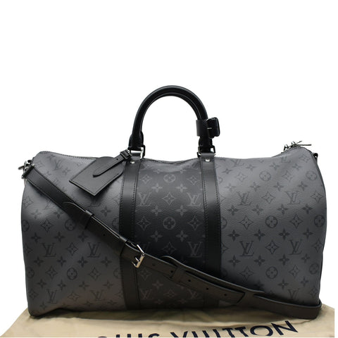 LOUIS VUITTON Keepall 50 Bandouliere Monogram Eclipse Canvas Travel Bag Black