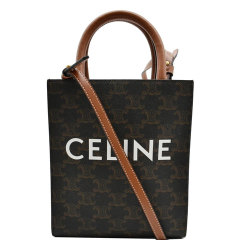 CELINE Triomphe Vertical Cabas Small Calfskin Canvas Shoulder Bag Tan