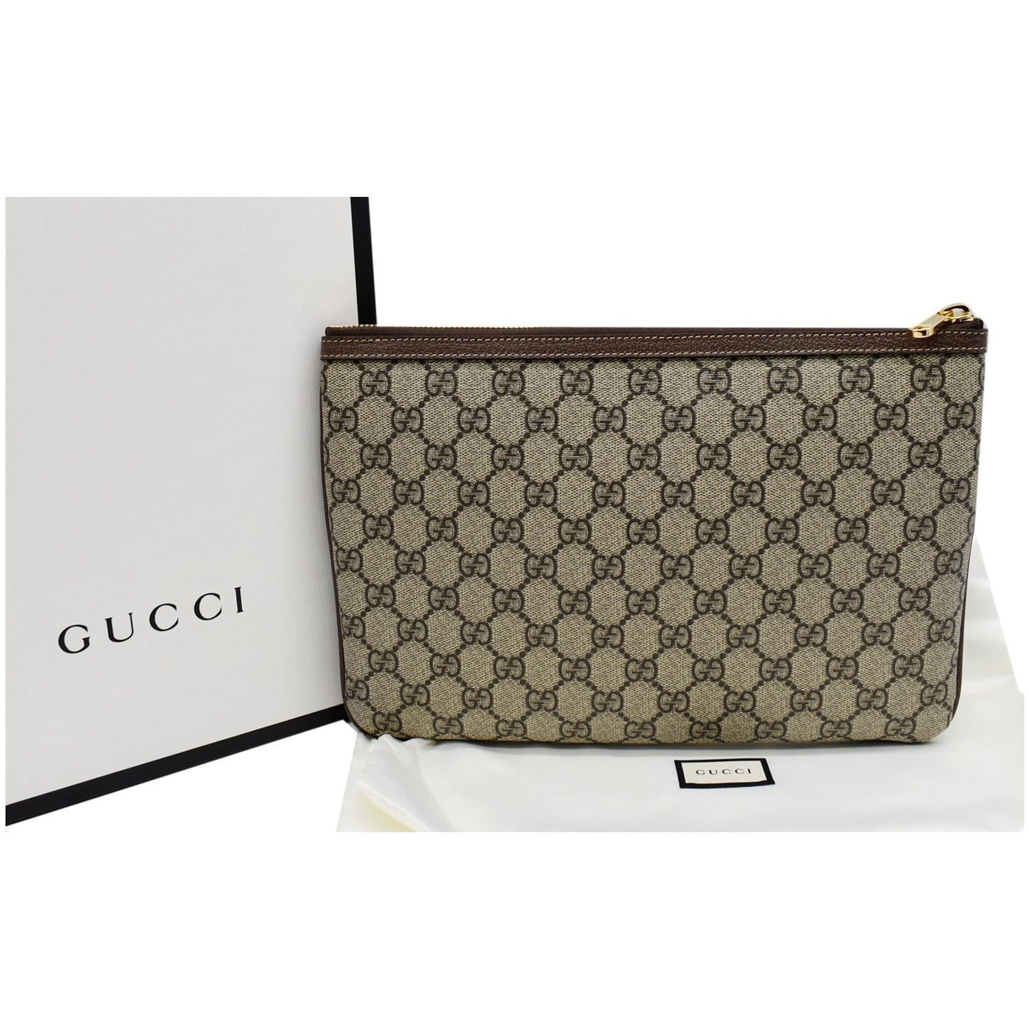 GUCCI Large Ophidia GG Supreme Monogram Leather Pouch Clutch Bag Beige