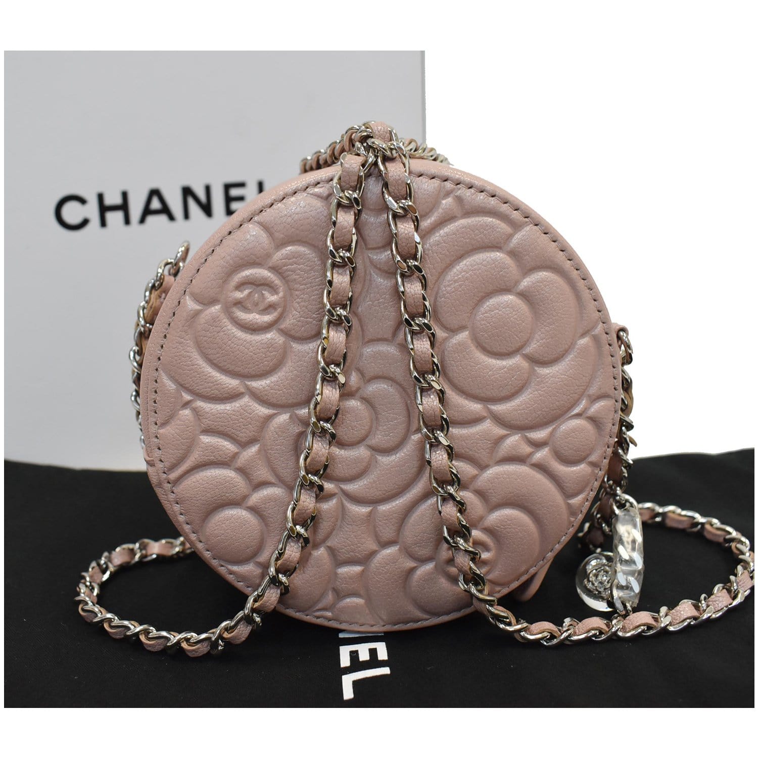 CHANEL, Clutch Filigree Round With Chain Quilted Caviar Mini Pale Pink