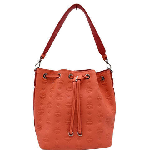 MCM Essential Drawstring Monogram Leather Shoulder Bag Hot Coral - 20% OFF