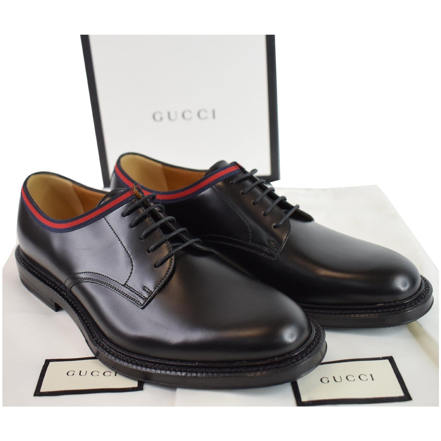Gucci Classic Web Lace Up Shiny Leather Shoes Black US7 Gucci Classic Web Lace Up Shiny Leather Shoes Black US7