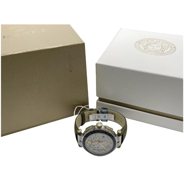 VERSACE Greca Chronograph Leather Date Watch Silver Dial 45MM