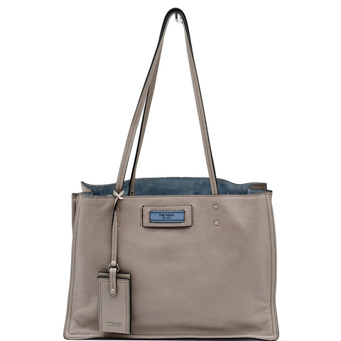 PRADA Glace Calf Leather Etiquette Tote Bag Taupe 1BG122