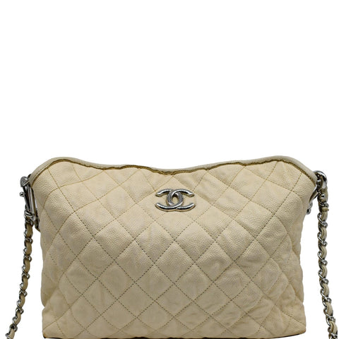 CHANEL French Riviera Quilted Caviar Leather Hobo Bag White
