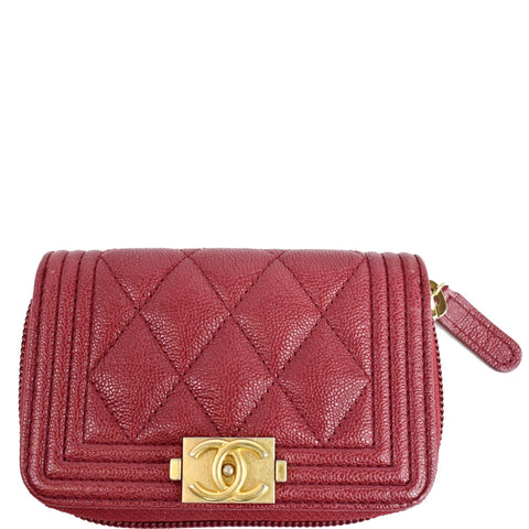 CHANEL Boy Zip Around Caviar Coin Purse Wallet Red