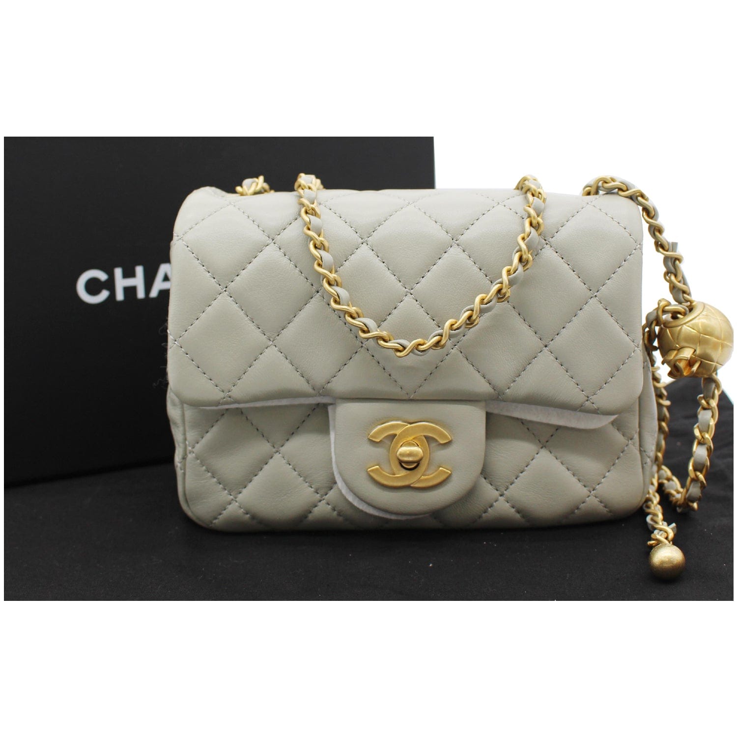 NWT! 22C CHANEL 🤍Mini Square White Pearl Crush Gold Ball Flap Bag GHW  Receipt 