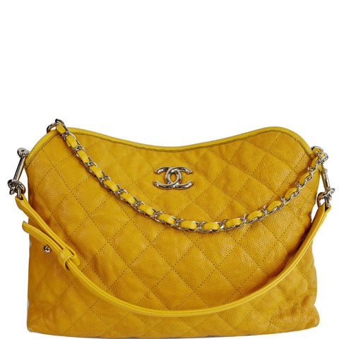 CHANEL French Riviera Quilted Caviar Leather Hobo Bag Yellow