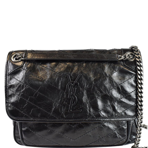 YVES SAINT LAURENT Niki Baby Crinkle Leather Crossbody Bag Black