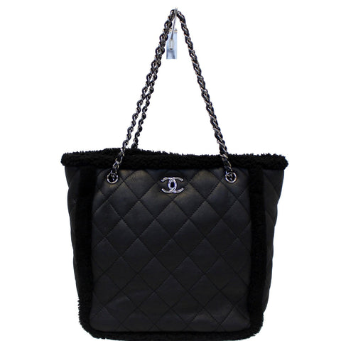 CHANEL Cozy CC Shearling and Lambskin Tote Bag Black