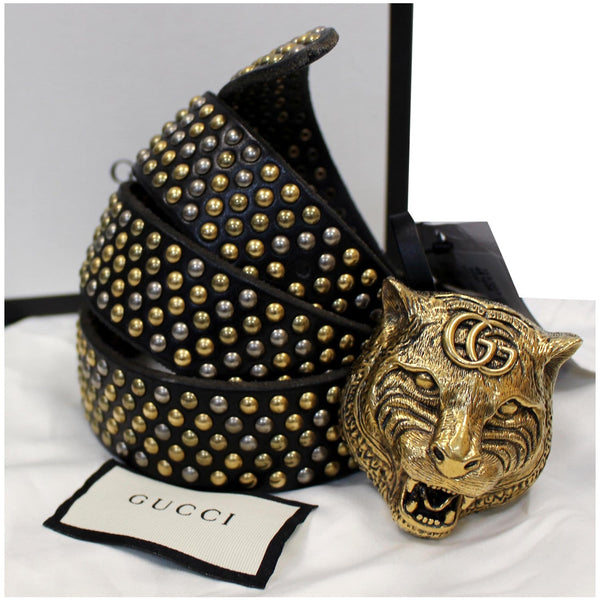 Gucci Feline Head Studded Leather Belt Black Color - golden feline head