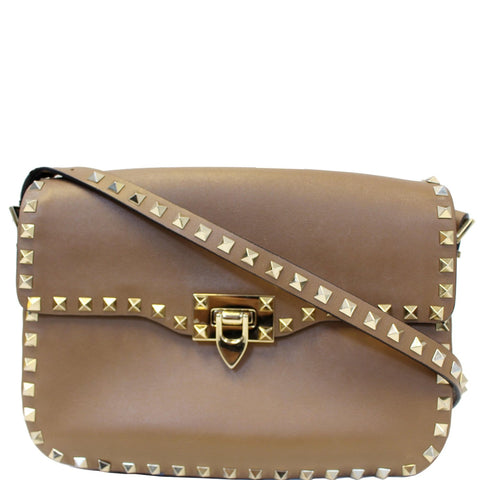 Valentino Rockstud Flap Leather Crossbody Bag Taupe