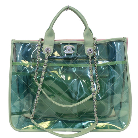 CHANEL Coco Splash Medium Lambskin PVC Quilted Shopping Bag Blue Green