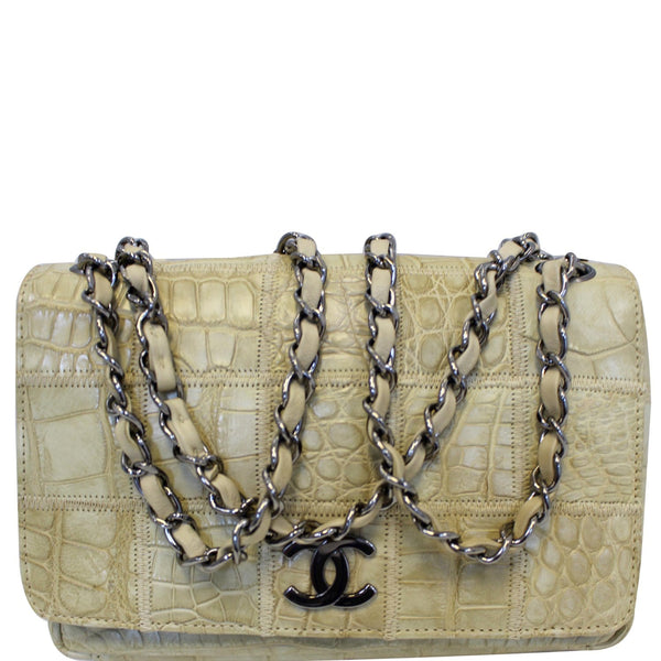 CHANEL Crocodile Quilted Classic Flap Shoulder Bag Beige