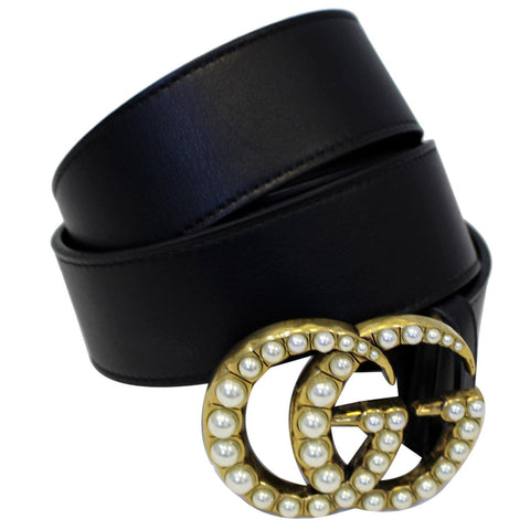 GUCCI Pearl Double G Black Leather Belt Size 100.40 Black