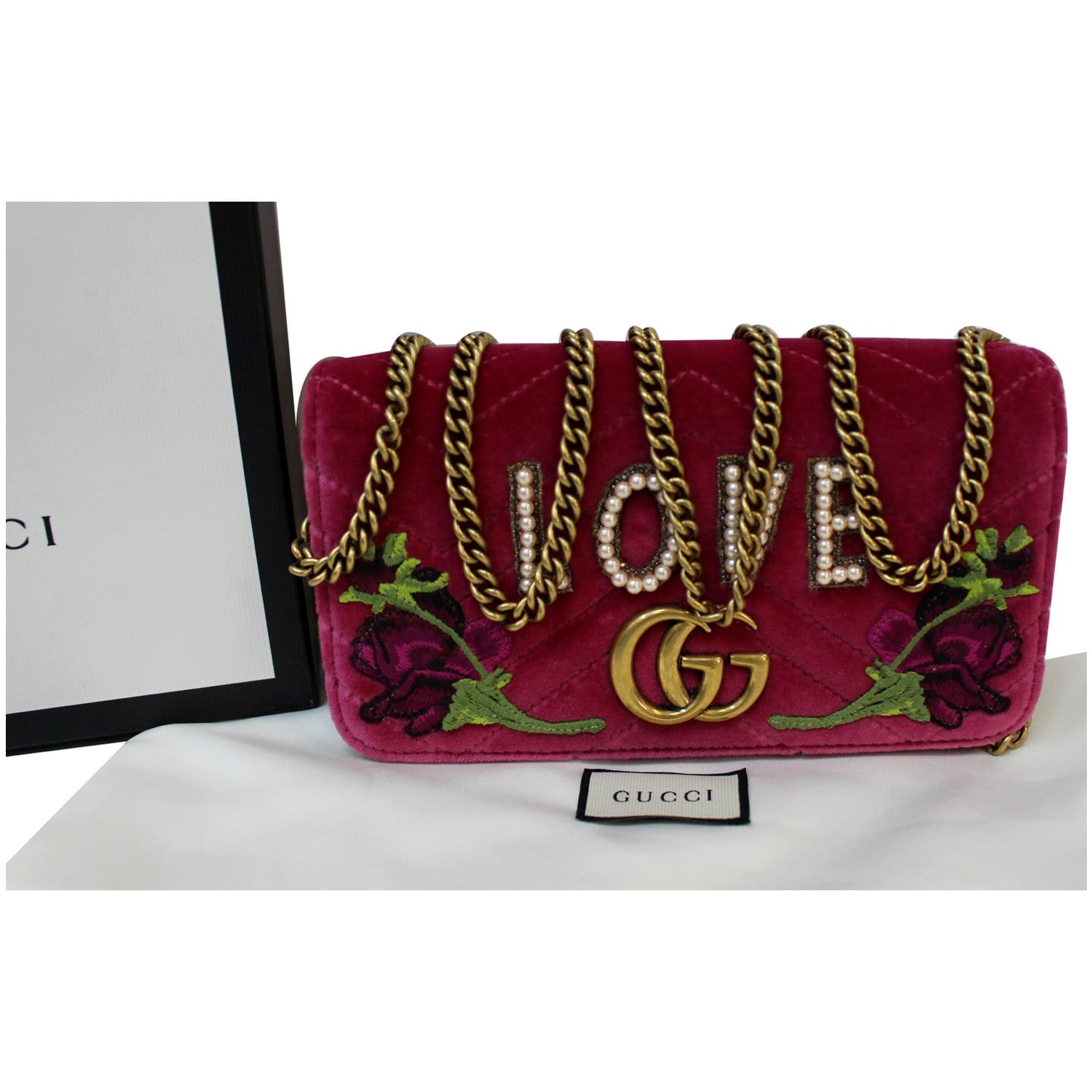 GUCCI Marmont Velvet Love Mini Pearl Embroidered Shoulder Bag Pink