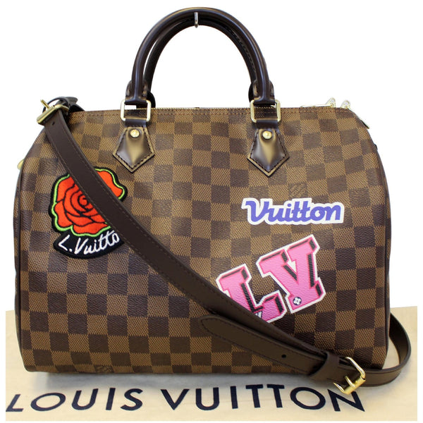 LV Speedy 30 Patches Damier Ebene Bag Front look