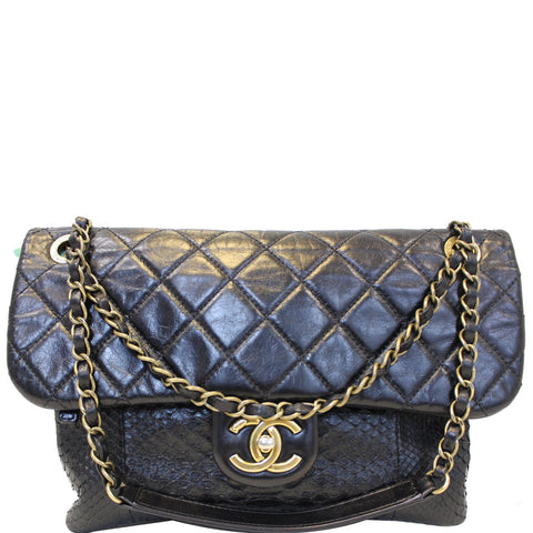 CHANEL Urban Mix Flap Calfskin Python Shoulder Bag Black