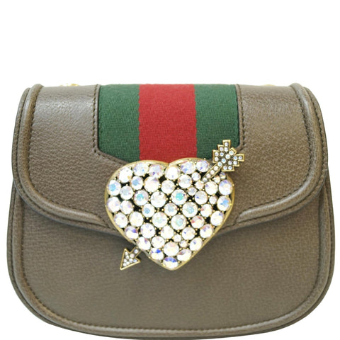 GUCCI Jeweled Heart Leather Totem Messenger Bag Brown 500756