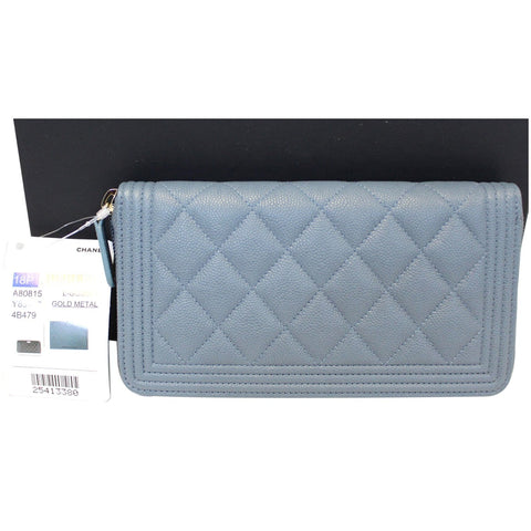 CHANEL Small Boy Long Caviar Leather Zip Around Wallet Blue