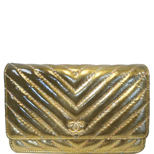 CHANEL Wallet on Chain WOC Metallic Leather Crossbody Bag Gold