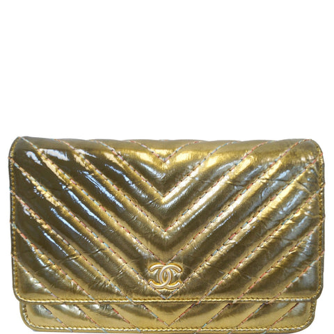 CHANEL Wallet on Chain WOC Metallic Leather Crossbody Bag Gold