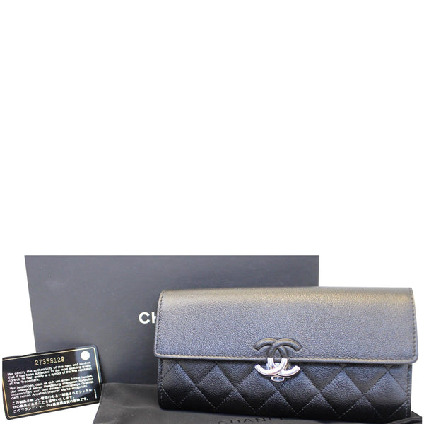 CHANEL Grained Leather Long Flap Wallet Silver-Tone Metal