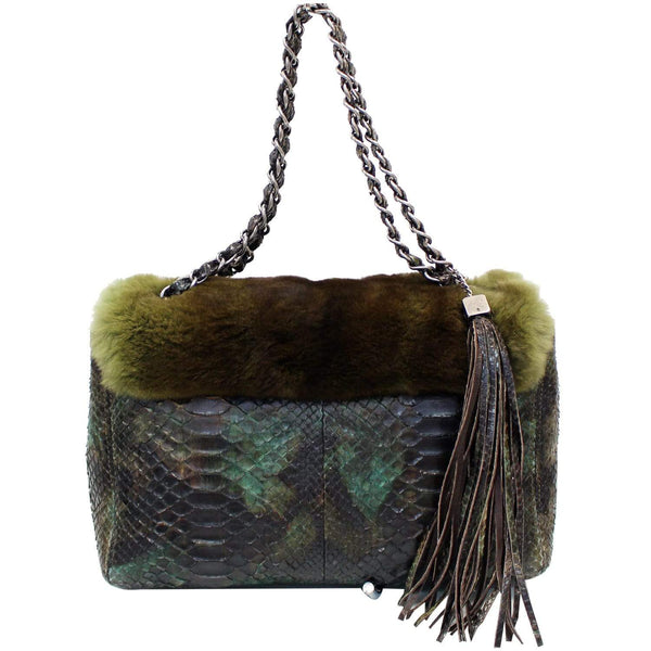 Chanel Jumbo Classic Fur and Python Leather Flap Bag with strap