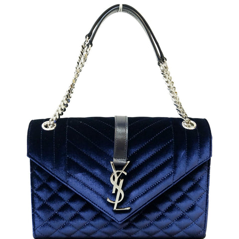 YVES SAINT LAURENT V Flap Tri-Quilt Velvet Shoulder Bag Navy Blue