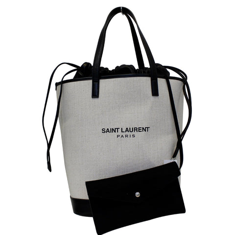 YVES SAINT LAURENT Teddy Canvas/Leather Drawstring Shopping Tote White/Black - Last Call