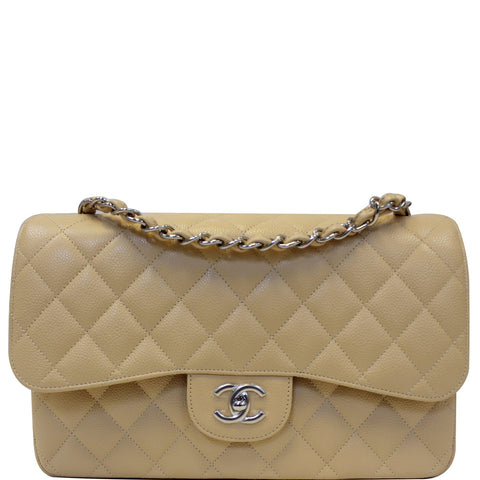 CHANEL Timeless Classic Jumbo Double Flap Caviar Leather Shoulder Bag Beige