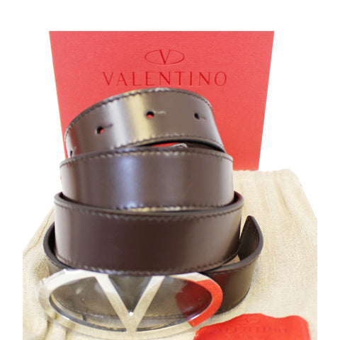 Valentino Logo Dark Brown Leather Belt Size 36