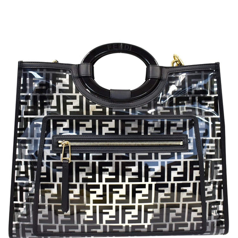 FENDI Runaway Shopper Medium TPU FF Leather Tote Bag Black
