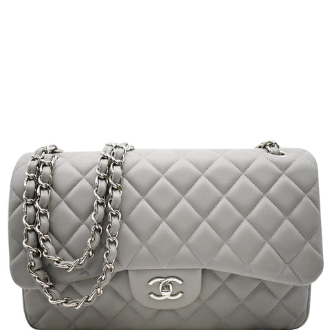 CHANEL Classic Jumbo Double Flap Lambskin Leather Shoulder Bag Grey