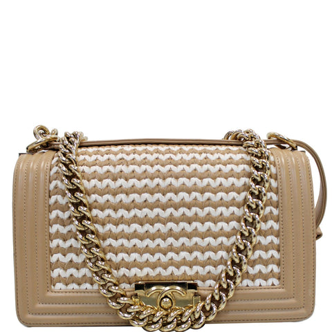 CHANEL BOY Braided Lambskin Leather Shoulder Bag Beige