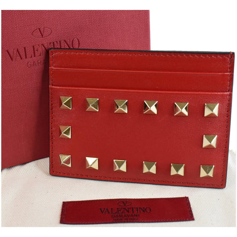 VALENTINO Garavani Rockstud Leather Card Holder Red