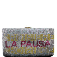 Chanel La Pausa Embroidered Satin Sequin Clutch Bag Silver