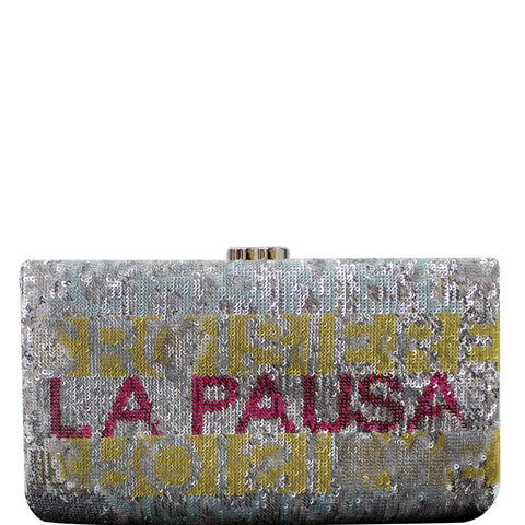 CHANEL La Pausa Embroidered Satin Sequin Clutch Bag Silver