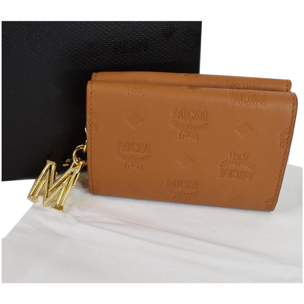 MCM Klara Trifold Mini Monogram Leather Charm Wallet Cognac