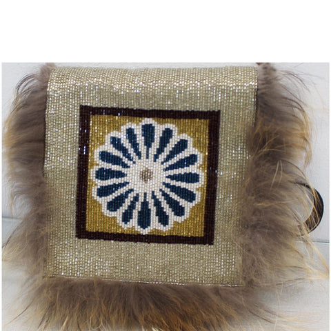FENDI Daisy Beaded Snakeskin Fox Fur Trim Crossbody Clutch Bag Blue - Final Sale