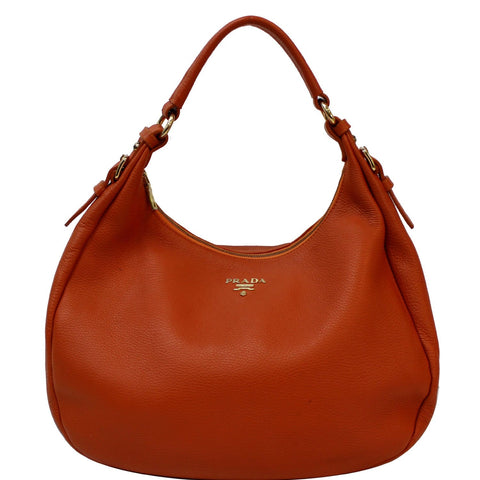 PRADA Vitello Daino Pebbled Leather Hobo Bag Orange