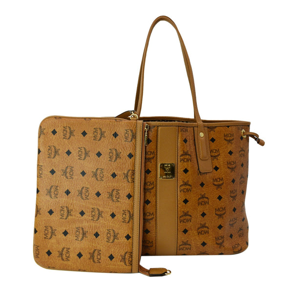 MCM Reversible Liz Medium Visetos Canvas Shopper Tote Bag Cognac