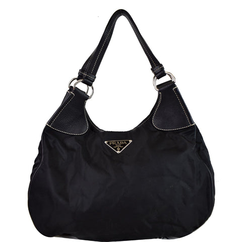 PRADA  Nylon Leather Strap Hobo Bag Black