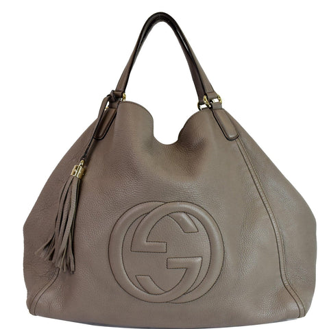 GUCCI Soho Top Handle Pebbled Leather Tote Bag Taupe 282308