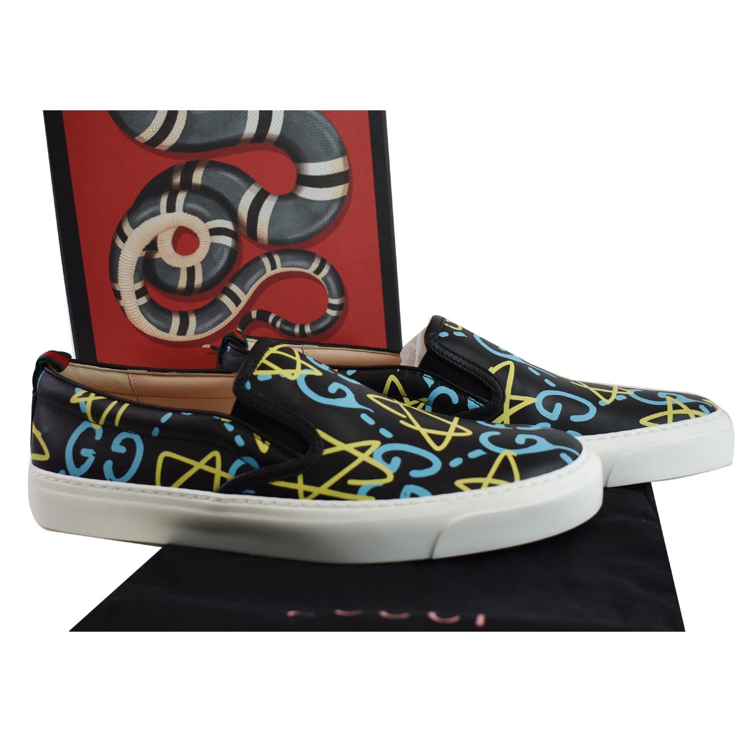 GUCCI Ghost Print Smooth Leather Slip-On Sneakers Black Size 9 - Last