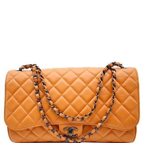 CHANEL Classic Flap Drawstring Quilted Lambskin Leather Shopper Shoulder Bag Orange
