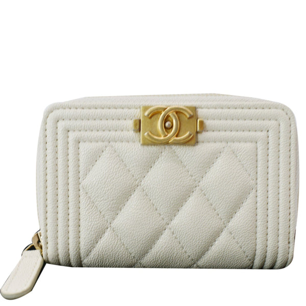 CHANEL Caviar Quilted Small Boy Zip Around Wallet White