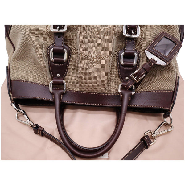 Used Prada Jacquard Logo Canvas Leather Tote Shoulder Bag