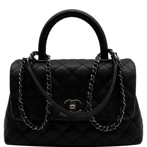 CHANEL Coco Mini Top Lizard Handle Caviar Leather Shoulder Bag Black