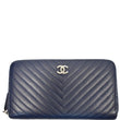 CHANEL Large Gusset Caviar Chevron Quilted Zip Around Wallet Bright Blue